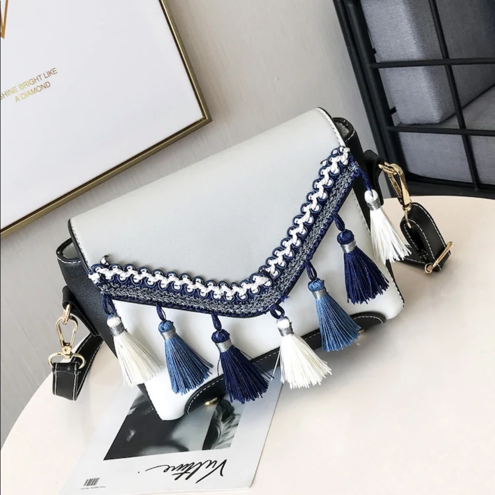 Blue and white tassel bag